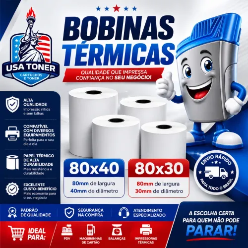 Bobina Térmica de 30 metros 80x30 Cupom Fiscal Branca PDV p/ Impressora 80mm
