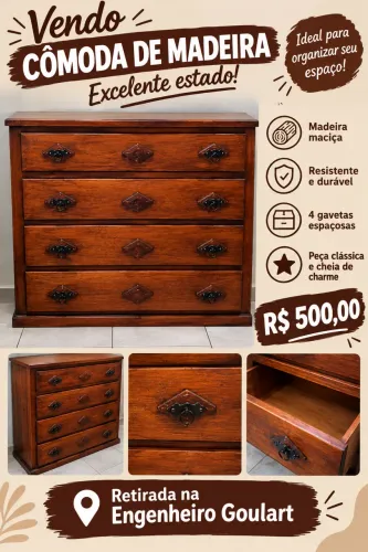 Cômoda de madeira maciça 1,20x1,00x0,50m