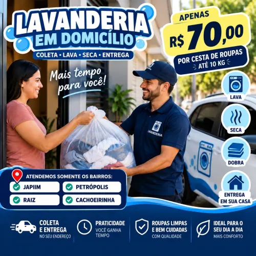 Busco sua roupa suja, lavo seco e entrego.
