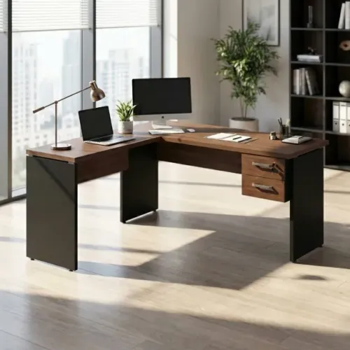 Mesa Escritório em L 1,50m com 2 Gavetas Marsala Preto Espaço Amplo Trabalho 23477