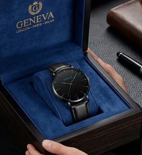 Relógio Premium Minimalista Masculino Preto Geneva Quartzo Correia Couro Elegante Moda