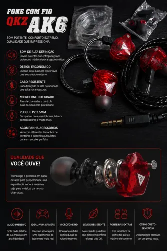 Fone QKZ AK6 com Microfone | Novo | Áudio Premium
