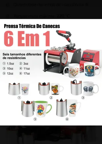Prensa térmica para canecas 6 em 1 cilíndrica e cônica para sublimação .