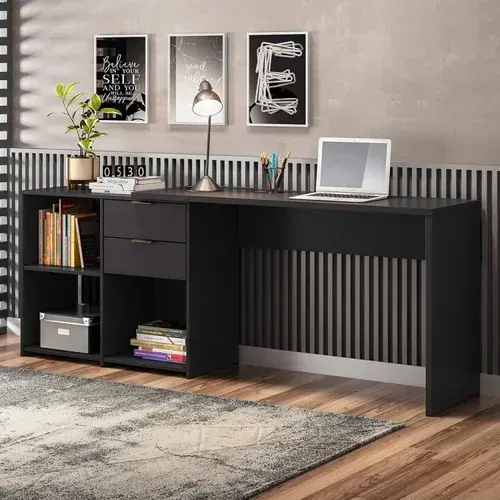 Mesa Escritório em L 2 Gavetas 3 Nichos Preto - Madeira Madeira