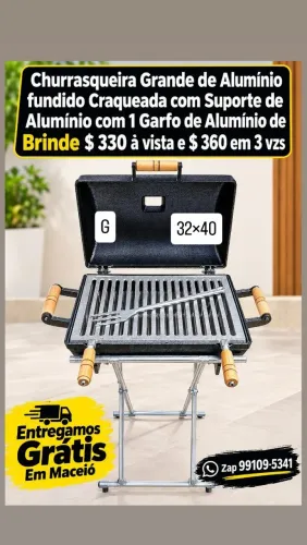 Churrasqueira Grande Craqueada de Alumínio fundido com 1 garfo de brinde
