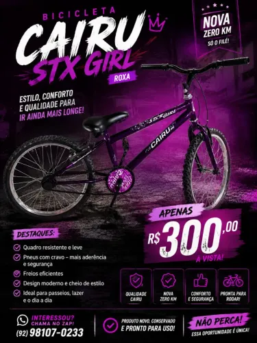 aqui<br><br>? Bicicleta Cairu STX Girl Roxa Nova Zero Km - R$ 300