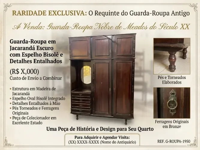 Antiguidades: Guarda-Roupa Antigo em Madeira de Lei Maciça - Clássico e Muito Conservado
