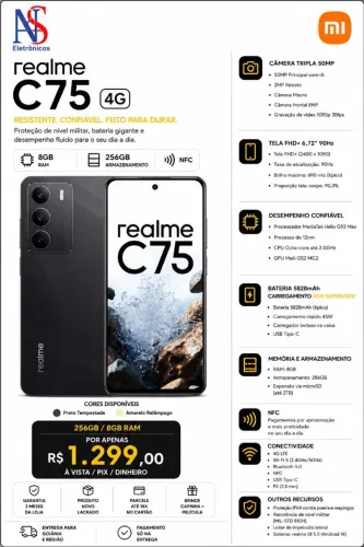 Celular Realme C75 4G 256GB 8GB RAM Com Nfc Tela 6,72 256GB Preto Dourado Lacrado
