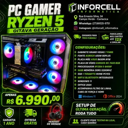 PC Gamer Ryzen 5-8400F + RX 7600 | 16GB DDR5 | SSD 1TB Novo Garantia 1 Ano