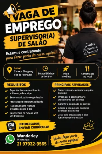 Pasta Di Colina contrata  supervisor de Salão 