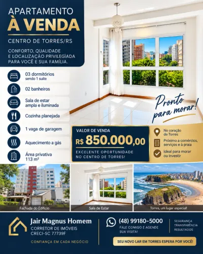 Apartamento a venda no centro de Torres/RS com 03 quartos, sendo um suíte.