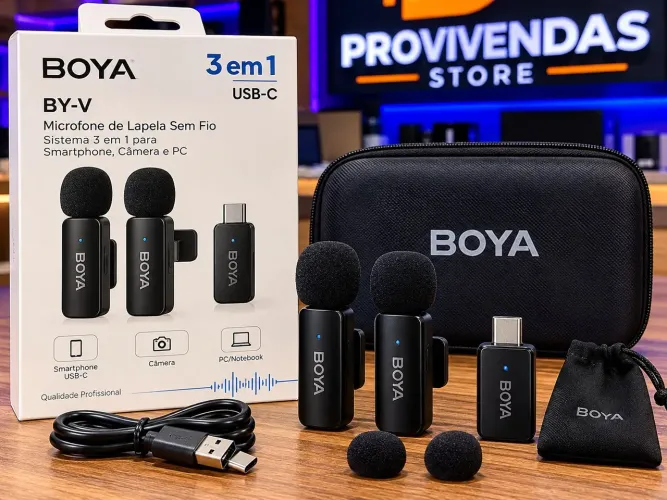 Microfone de Lapela BOYA 3 em 1 USB-C Sem Fio Áudio Profissional para Vídeos e Lives. 