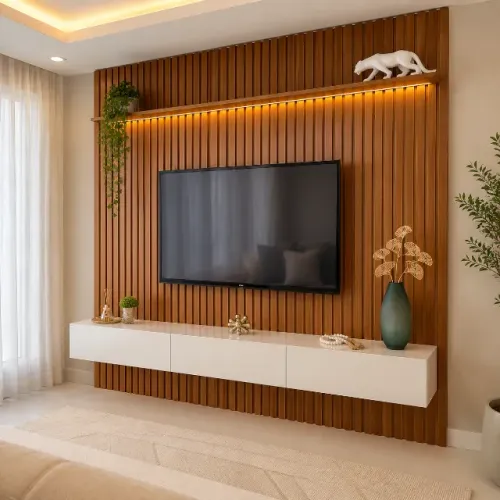 Painel Ripado Prime com iluminação LED + Nicho 03 Gavetas Moderno