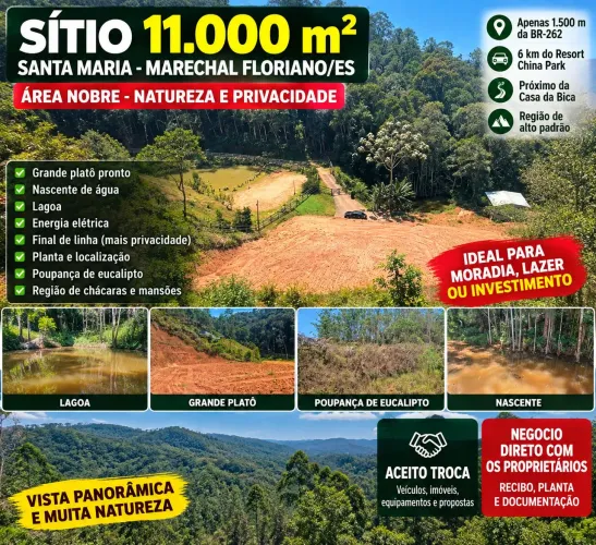 Sítio 11.000m² em Marechal Floriano | Platô, Nascente e Lagoa | Sem Casa, parcelo, troco