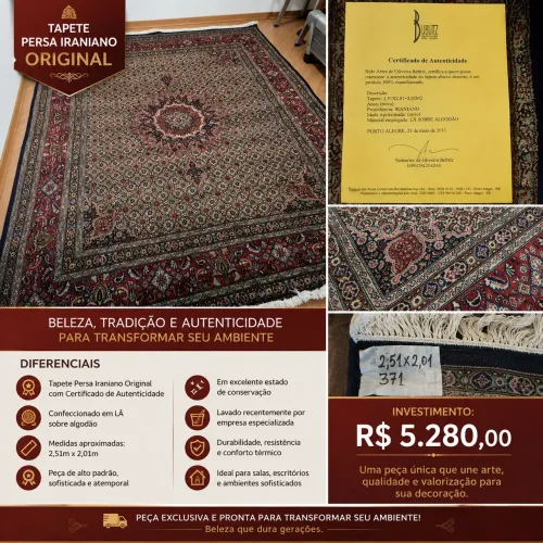 Tapete Persa Iraniano Original com Certificado - 2,51 x 2,01m