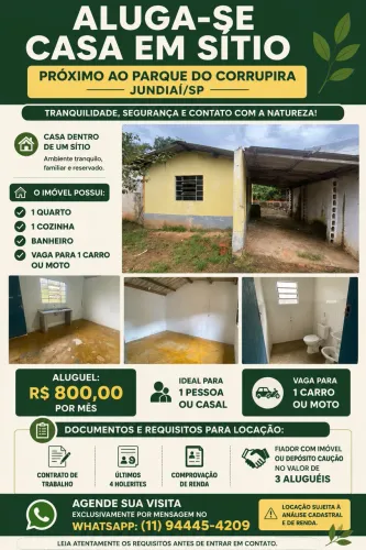 Alugo casa com 2 cômodos dentro de um sítio próximo ao Parque do Corrupira, Jundiaí/SP. 