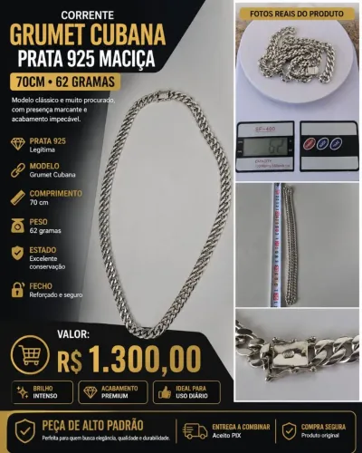 CORRENTE GRUMET CUBANA PRATA 925 MACIÇA <br>GRUM ET CUBANA PRATA 925 MACICA