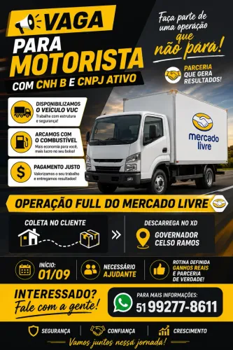 VAGA PARA MOTORISTA COM CNH B. DISPONIBILIZAMOS O VEÍCULO. INICIO IMEDIATO EM SC