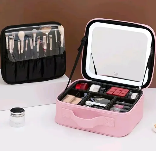 Maleta de Maquiagem Necessaire com Espelho LED nas cores Rosa ou Preta