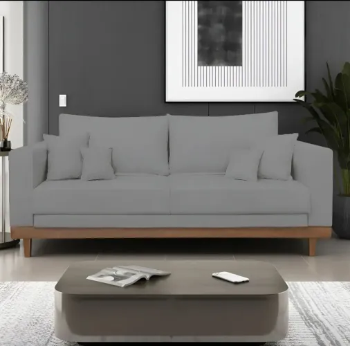 Sofá living 3 lugares linho grafite reforçado base madeira com almofadas