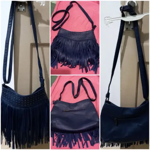 Bolsa couro franja Feminina Borboleta Azul Com Divisórias Internas