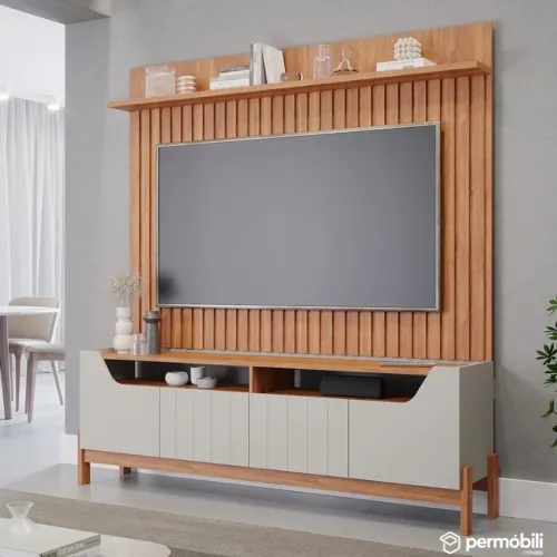 Rack + Painel Ripado Larg. 1.80m Cinamomo 100% MDF rf54