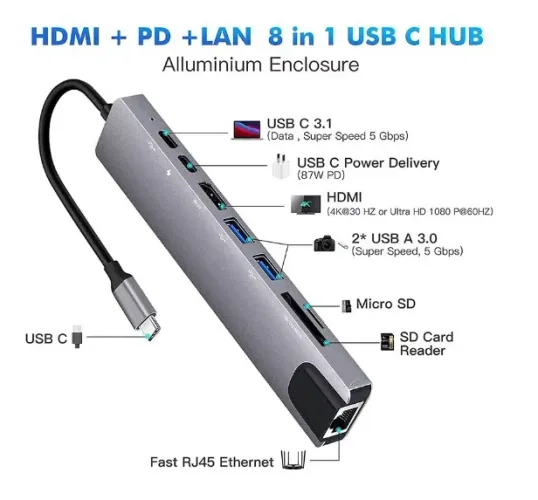 HUB USB HDMI e RJ45 - TIPO C
