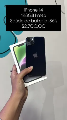 iPhone 14 / 128GB / Preto / Saúde de Bateria: 86% / Original / loja física / $2.700,00