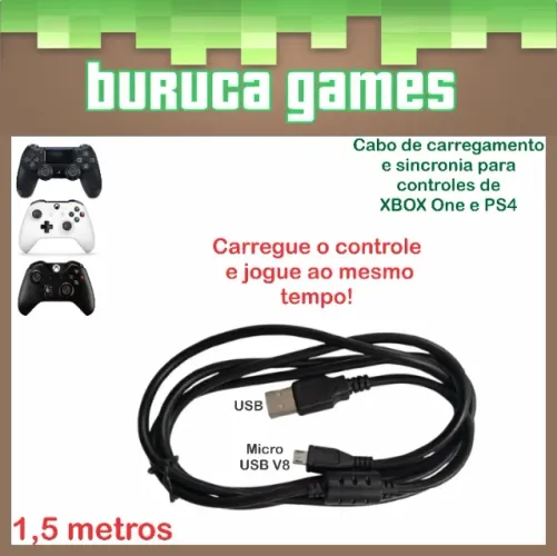Cabo de 1,5 metros para controles de XBOX One Fat, Slim, X e PS4