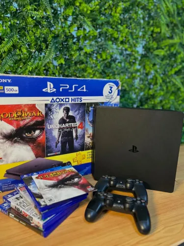 PS4 500GB, caixa 2 manetes ps4 6 jogos, Seminovo