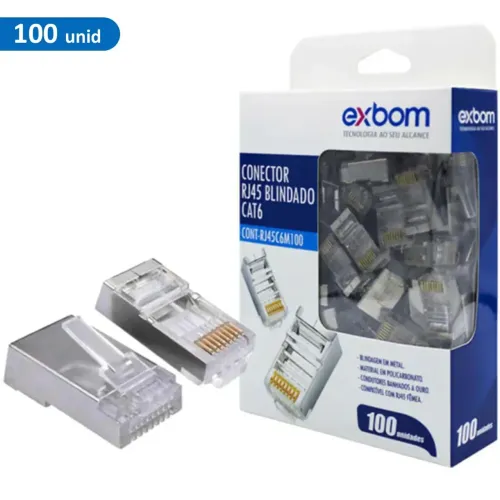 Conector RJ45 Cat6 Cat6e Blindado Metalico Banhado a Ouro Pote com 100 Unidades - Exbom