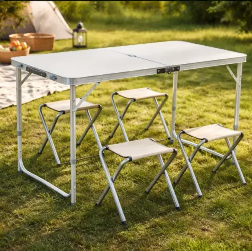 Mesa Dobravel 120x60Cm c/ 4 Bancos Portatil Camping Pesca Jardim