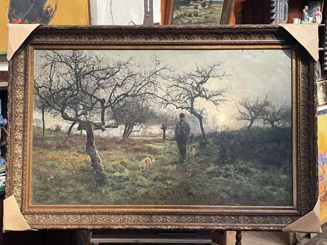 Paisagem com Caçador e Cães, Óleo sobre Tela - V. Binet