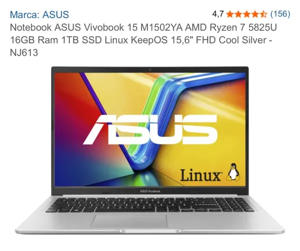 Notebook ASUS Vivobook 15 M1502YA AMD Ryzen 7 5825U 16GB Ram 1TB SSD L