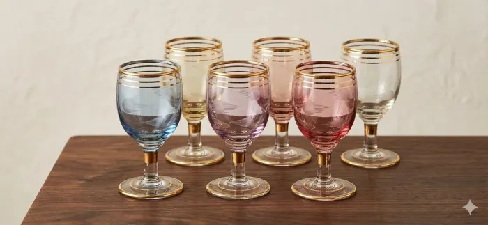 Jogo 6 Taças Cálices De Licor Antigos Vidro Colorido E Ouro