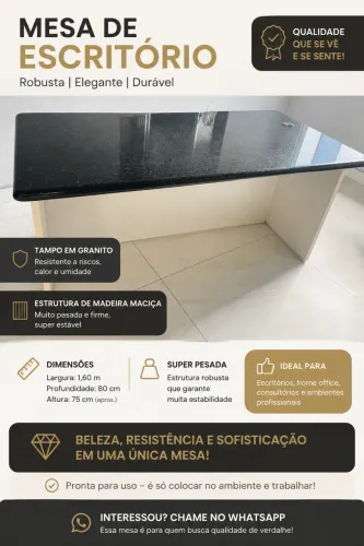 Mesa de Escritório 1,60 x 0,80 m - Tampo em Granito | Excelente Estado