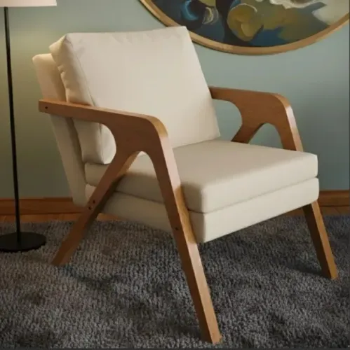Poltrona Decorativa Premium Mona Tecido Linho Areia Para Sala Recepção Pés Madeira