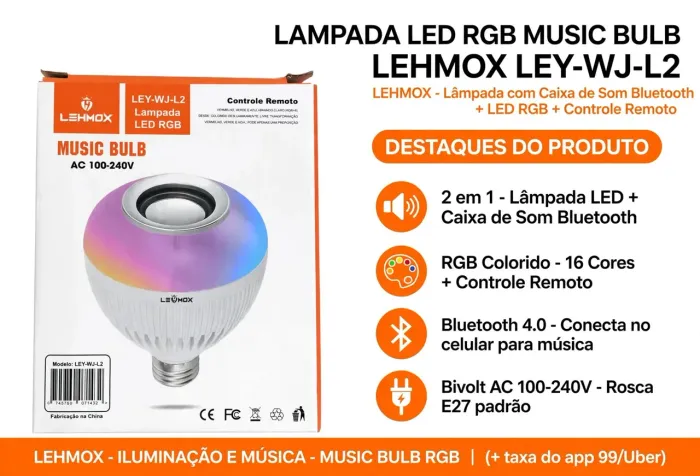 LÂMPADA DE LED RGB MUSIC BLUETOOTH LEHMOX