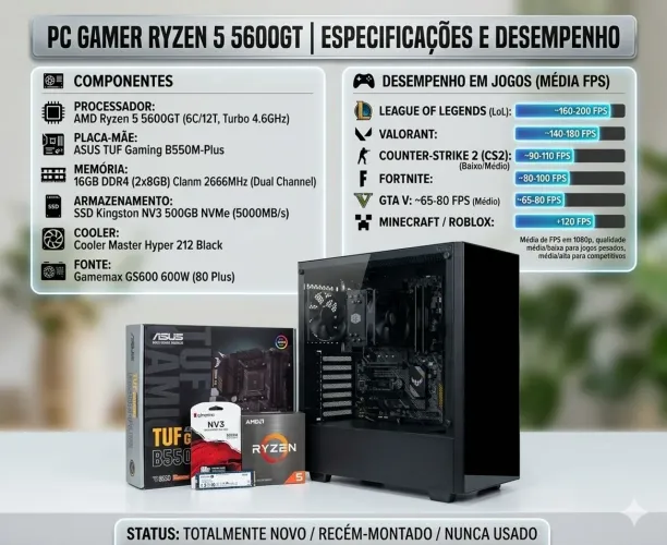 (NUNCA USADO)PC Gamer Ryzen 5 5600GT + ASUS TUF B550M | 16GB RAM DDR4 | SSD NVMe 512gb