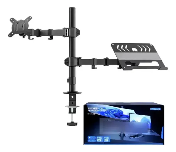 Kit Suporte Braço Duplo + Bandeja Para Notebook E MonitorKit Suporte Braço Duplo + Bandeja