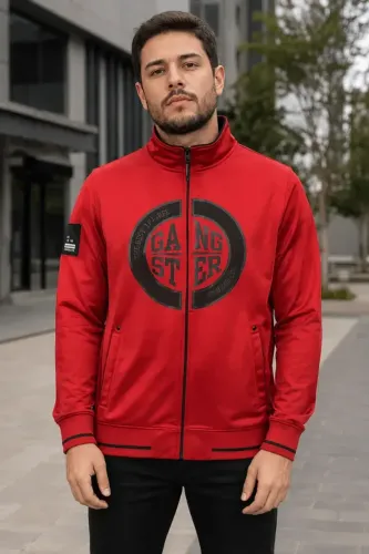 Jaqueta Masculina Gangster Vermelha Estampada Com Zíper