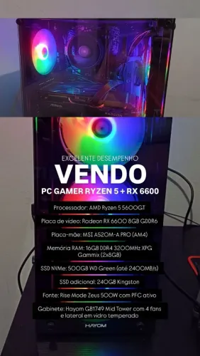 ? PC Gamer Ryzen 5 + RX 6600 - Excelente Desempenho<br>