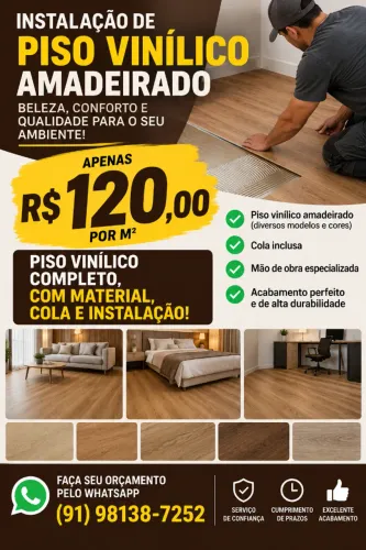 PISO VINÍLICO AMADEIRADO INSTALADO - R$ 120,00/m²