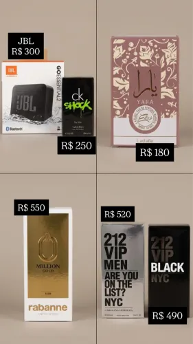 Perfumes importados, Body Splash, JBL original e relógios.