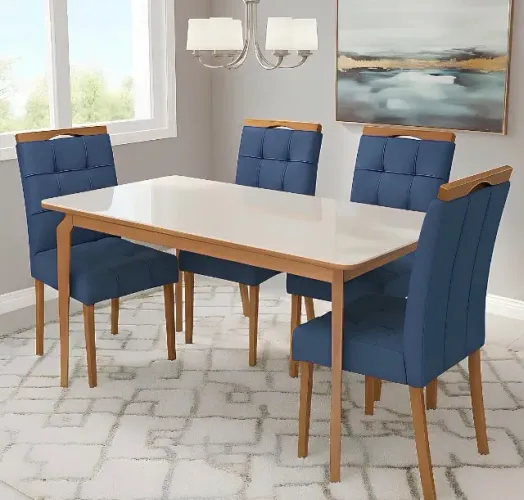 Conjunto de Jantar 4 Lugares Madeira com Vidro e Veludo Azul