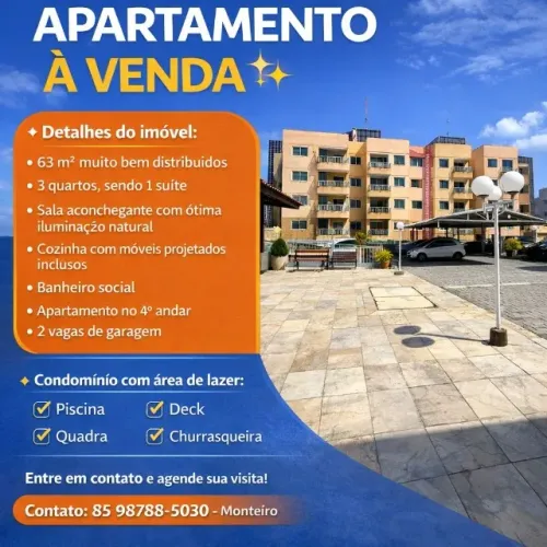 Apartamento Grande Messejana,  3 quartos, 2 banheiros,2 garagens , mobiliado, piscina,deck