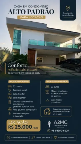 Casa de Luxo para Locação em Condomínio Fechado | 4 Quartos e Piscina