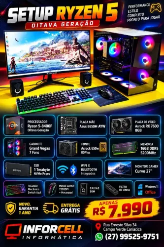 Pc Gamer Ryzen 5-8400F RX 7600 Ssd 1Tb 16gb Ram Ddr5 Tela Curva 27