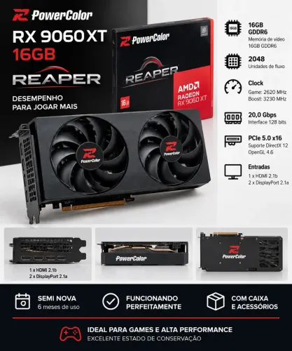 RX 9060 XT 16GB PowerColor Reaper - Semi Nova - 6 Meses de Uso