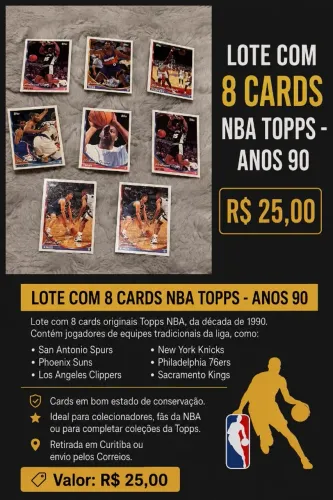  LOTE COM 8 CARDS NBA TOPPS - ANOS 90